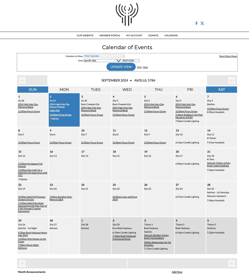Screen shot of ShulCloud Calendar